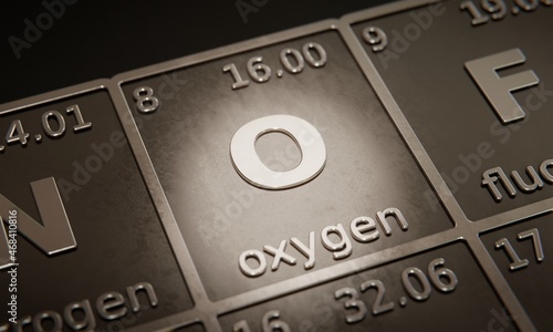 Highlight on chemical element Oxygen in periodic table of elements. 3D rendering