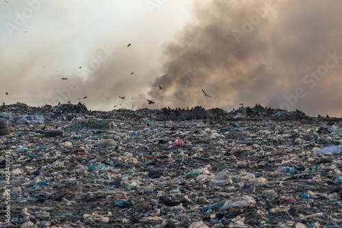 Landfill with burning trash piles