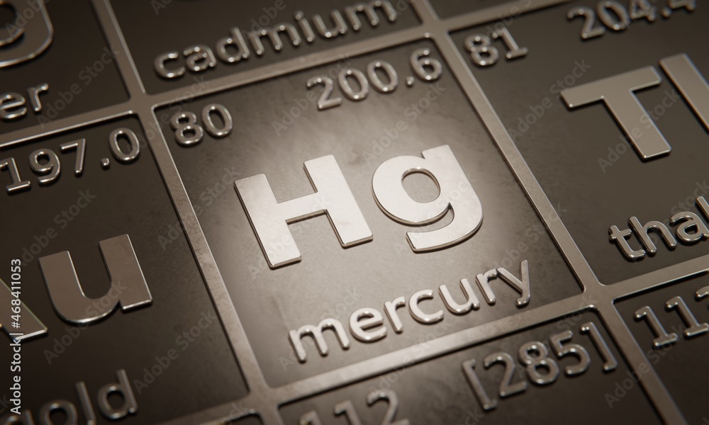 Highlight on chemical element Mercury in periodic table of elements. 3D ...