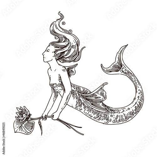 Mermaid holding a water lily in her hands. Sketch. Engraving style. Vector illustration.