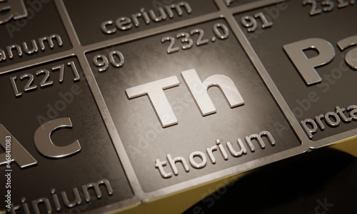 Highlight on chemical element Thorium in periodic table of elements. 3D rendering