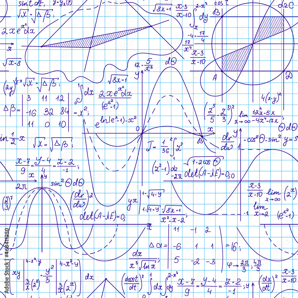 Mathematical educational vector seamless background with handwritten formulas, figures, calculations on a grid copybook paper
Mathematical educational vector seamless background with handwritten formulas, figures, calculations on a grid copybook paper