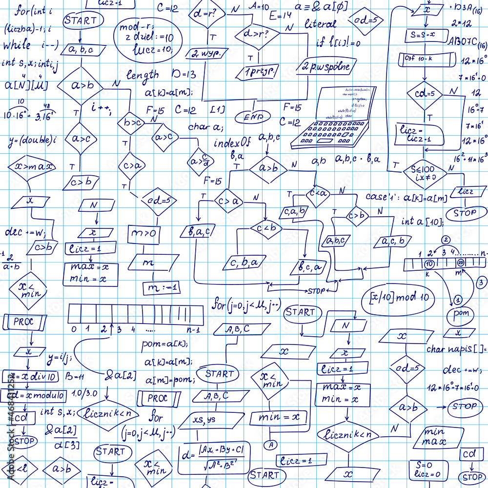 Information technology vector seamless pattern with handwritten programming code and diagram charts, grid copybook paper