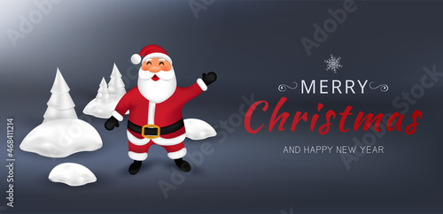 Santa Claus on the background of decorative snowdrifts and Christmas trees.Vector illustration for poster, brochure, banner, invitation card. 3D