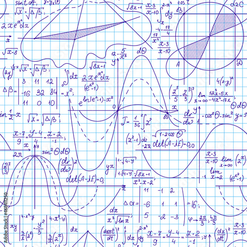 Mathematical educational vector seamless background with handwritten formulas, figures, calculations on a grid copybook paper	
