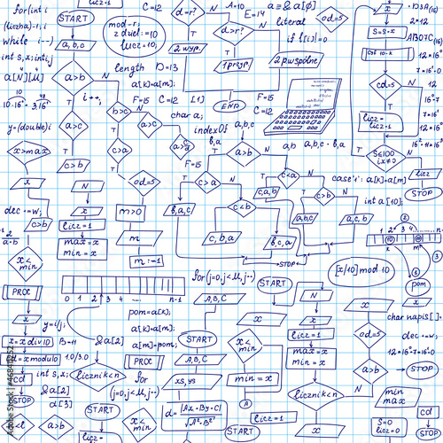 Information technology vector seamless pattern with handwritten programming code and diagram charts, grid copybook paper