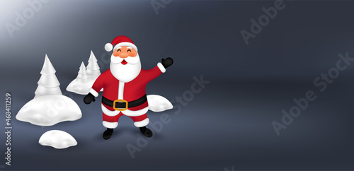 Santa Claus on the background of small snowdrifts and Christmas trees.Vector illustration for advertising and Christmas cards.3D