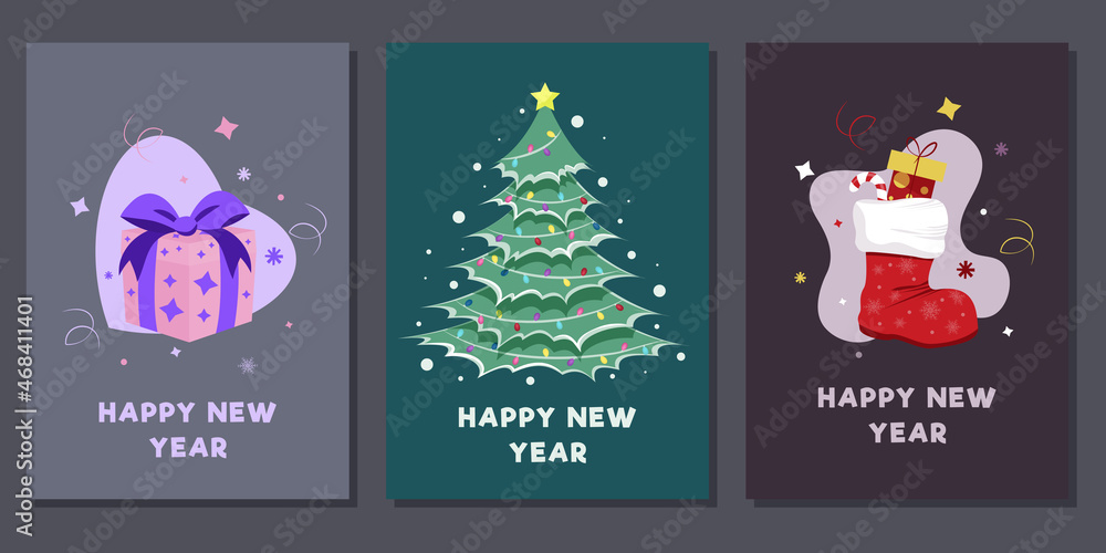 Naklejka premium Set of cards for New Year and Christmas with a gift, a tree and a Christmas boot.Vector illustration.