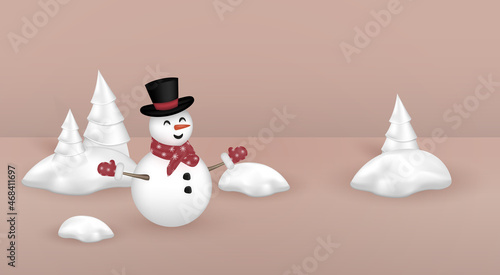 Snowman on the background of decorative snowdrifts and Christmas trees.Vector illustration for advertising.3D