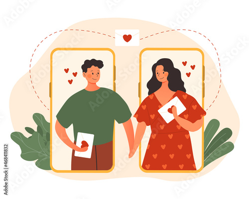 Long distance relationship. Man and girl stand and hold hands. Couple with envelopes surprise each other. Love, romance, happy family. Husband and wife stand together. Cartoon flat vector illustration