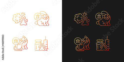 Pet parasites gradient icons set for dark and light mode. Infection carriers. Fleas and ticks. Thin line contour symbols bundle. Isolated vector outline illustrations collection on black and white
