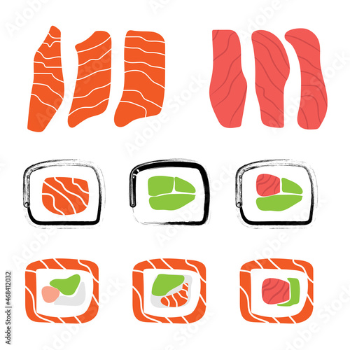Collection of sushi and rolls with salmon, tuna, avocado, rice