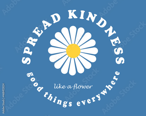 Banner with flower. Peace and care symbol, graphic elements for website. Kindness, hippie spread. Text on blue background, wallpaper. Print for childrens t shirt. Cartoon flat vector illustration