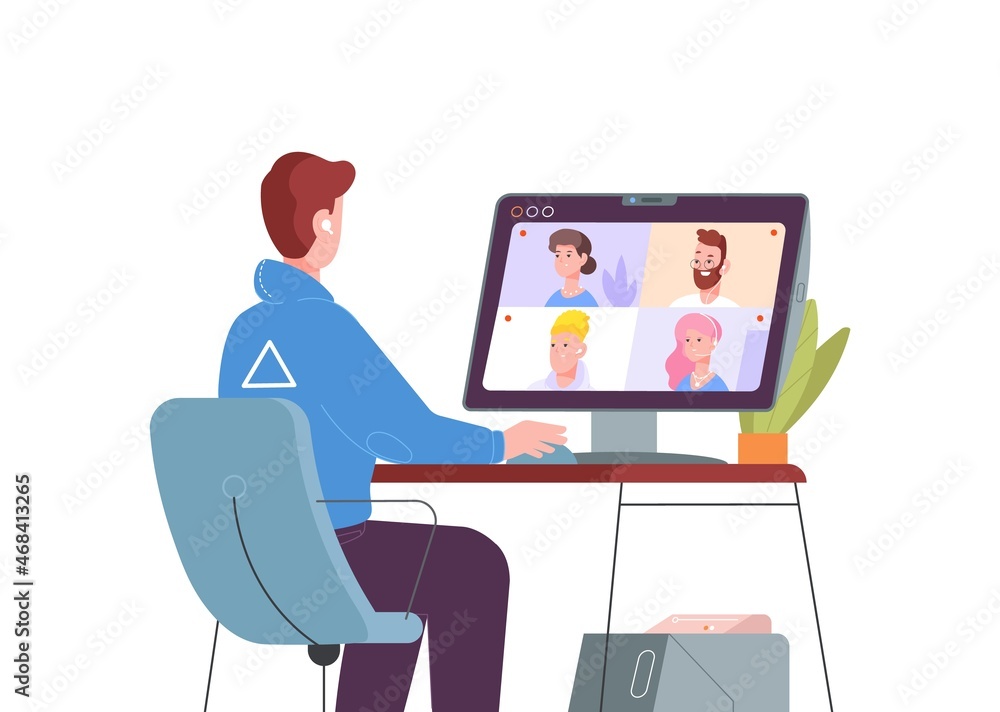 Distant training. Virtual discussion of remote working team, vector illustration Distant training. Virtual discussion of remote working team, vector illustration