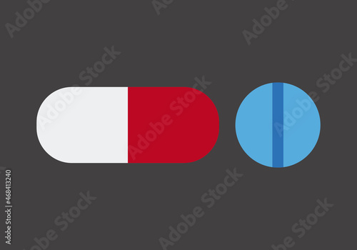 Icono de cápsulas y pastillas en fondo negro.