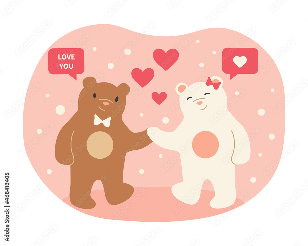 Fototapeta premium Couple of bears. Pictures for printing on childrens clothes. Cute images, plush toys. Metaphor of love, caring for loved ones. Boy and girl walking hand in hand. Cartoon flat vector illustration