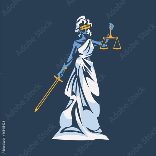 Themis as Ancient Greek Goddess and Lady Justice with Blindfold Holding Scales and Sword Vector Illustration