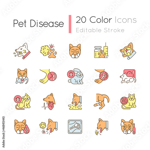 Pet disease RGB color icons set. Infectious and viral illness. Physical animal injuries. Veterinary examination. Isolated vector illustrations. Simple filled line drawings collection. Editable stroke