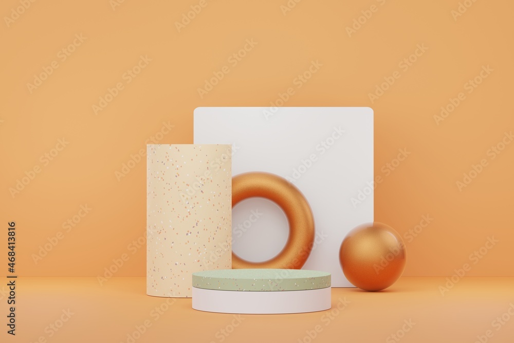 3d render of abstract pedestal podium display with terrazzo chips floor design. Scene for present product promotion and beauty cosmetics. 3d render of abstract pedestal podium display with terrazzo chips floor design. Scene for present product promotion and beauty cosmetics.