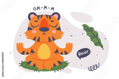 Cute Little Striped Tiger Cub Sitting in Yoga Pose on Mat Vector Composition