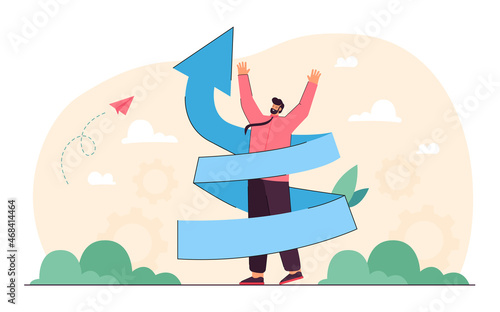 Tiny man standing in the center of twist arrow. Mans increase of education, career level, knowledge flat vector illustration. Evolution, personal improvement, business development, motivation concept