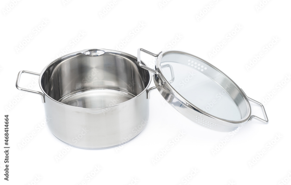 Steel saucepan with glass lid isolated on white background