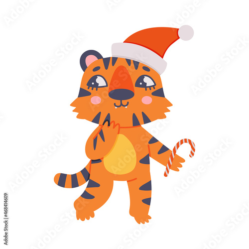 Fototapeta Naklejka Na Ścianę i Meble -  Cute Little Striped Tiger Cub with Orange Fur Wearing Santa Hat and Holding Candy Cane Vector Illustration
