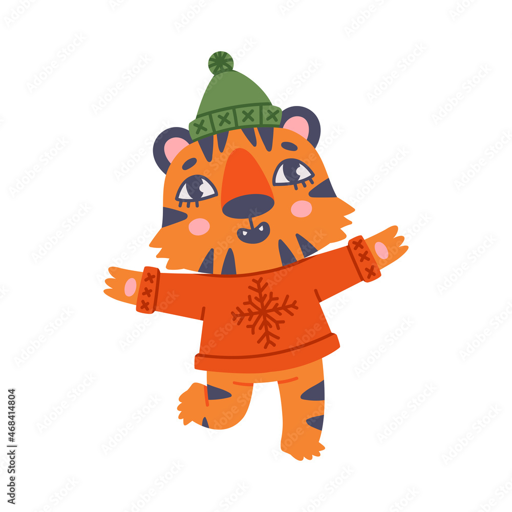 Fototapeta premium Cute Little Striped Tiger Cub with Orange Fur Wearing Hat and Sweater Vector Illustration