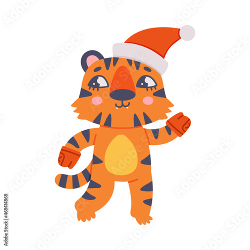 Fototapeta Naklejka Na Ścianę i Meble -  Cute Little Striped Tiger Cub with Orange Fur Wearing Santa Hat and Mittens Vector Illustration