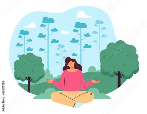 Calm smiling woman sitting in yoga pose surrounded by trees and enjoying nature. Physical health treatment via forest bathing flat vector illustration. Life balance, fitness, ecotherapy concept