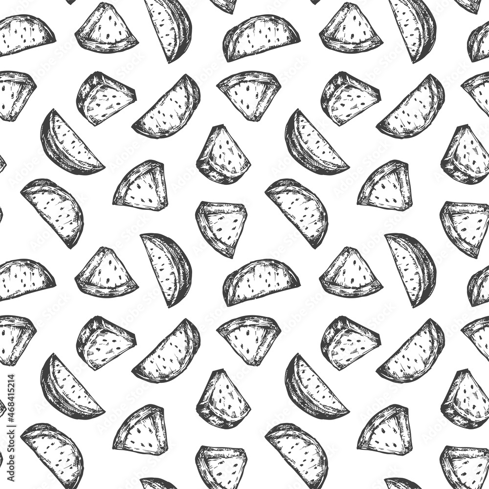 Hand drawing seamless pattern with watermelon in monochrome sketch engraved style isolated on white background. Design for branding textile or market cover, cloth. Botanical vector illustration. Hand drawing seamless pattern with watermelon in monochrome sketch engraved style isolated on white background. Design for branding textile or market cover, cloth. Botanical vector illustration.