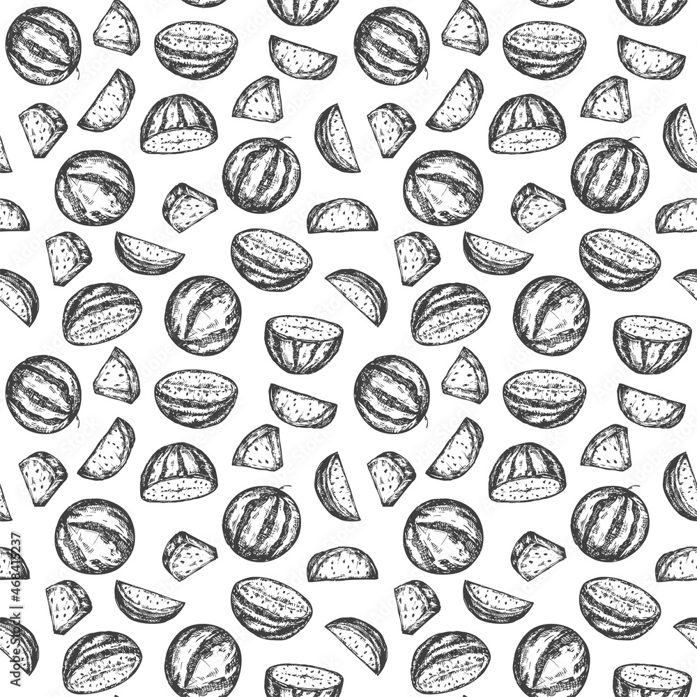 Hand drawing seamless pattern with watermelon in monochrome sketch engraved style isolated on white background. Design for branding textile or market cover, cloth. Botanical vector illustration.