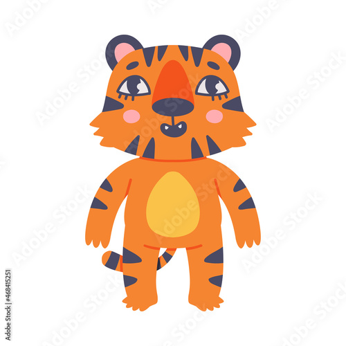 Funny Tiger Cub with Orange Fur and Stripes Standing Vector Illustration