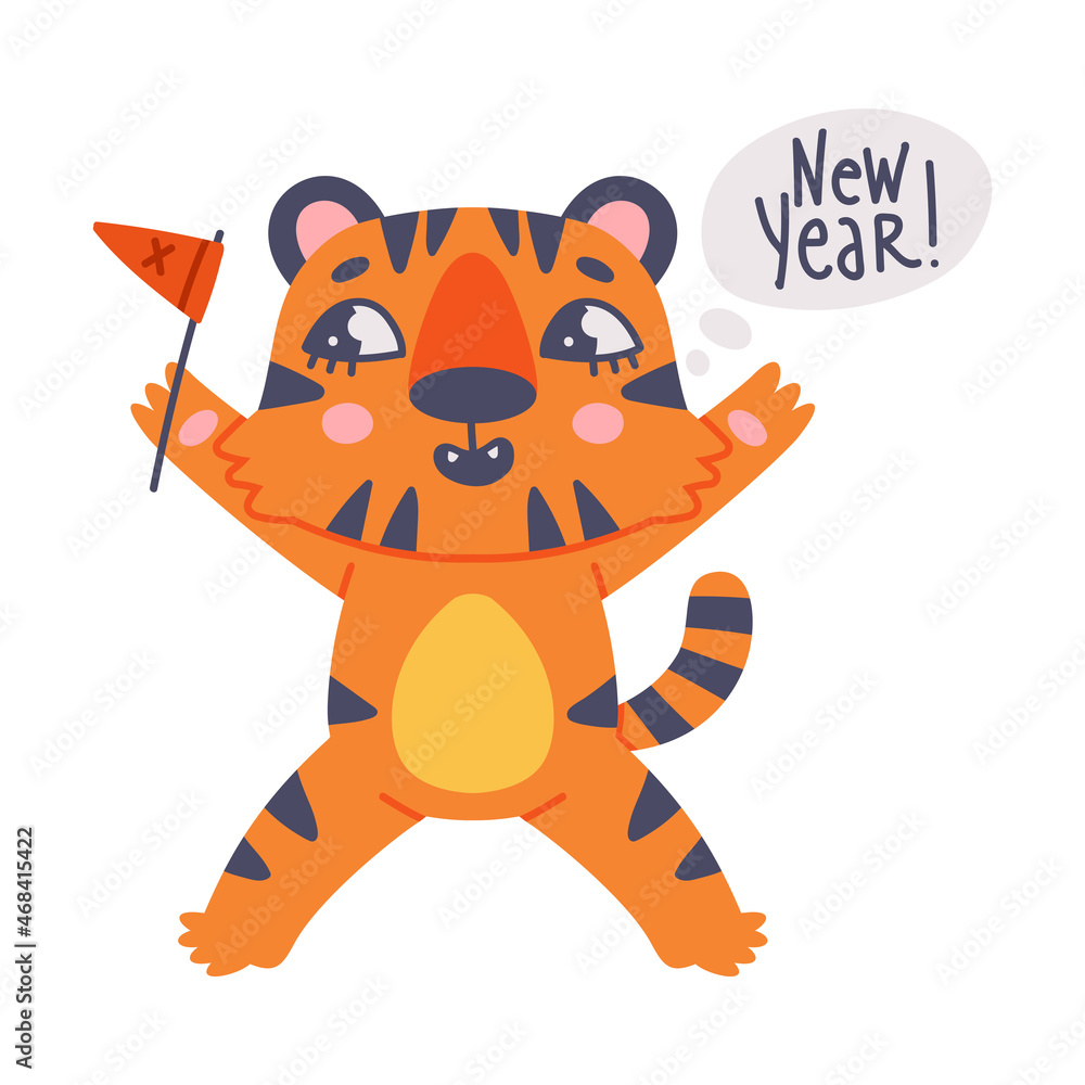 Naklejka premium Funny Tiger Cub with Orange Fur and Stripes with Flag Celebrating New Year Holiday Vector Illustration