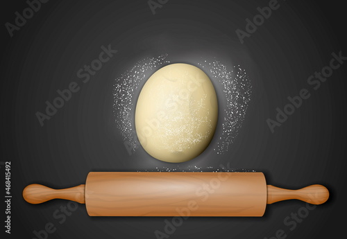 realistic preparing pastry kneading flattening dough for bake, wooden rolling pin cooking 
bakery, homemade cake preparation baking 
process. eps format
