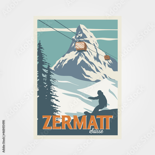 zermatt ski resort vintage poster travel illustration design, swiss alps poster design