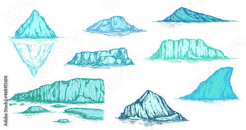 Set of vector illustration iceberg in colorful sketch engraved style isolated on white background. Collection big ice mountain in water. Hand drawn vintage design element.