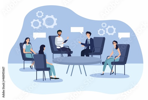 Collective in office. Business meeting, board of directors discussing problems of company. Strategy, planning further development of organization, brainstorming. Cartoon flat vector illustration