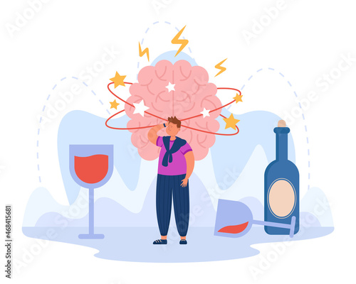 Man having hangover from drinking strong alcohol. Brain of drunk person, huge wineglasses, headache from liquor flat vector illustration. Health, addiction concept for banner or landing web page