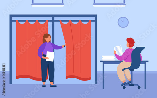 Poll watcher with ballots sitting next to voting booth. Voter casting vote for campaign representative flat vector illustration. Government, election concept for banner, website design or landing page
