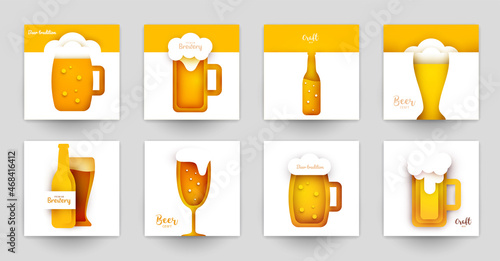 Set background templates for beer banner, flyer, card, poster in modern minimalistic paper cut style. Collection design composition of branding ads, festival, party, identity. Vector illustration.