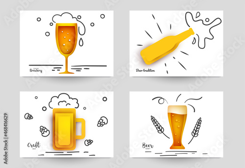 Set background templates for beer banner, flyer, card, poster in modern minimalistic paper cut style. Collection design composition of branding ads, festival, party, identity. Vector illustration.