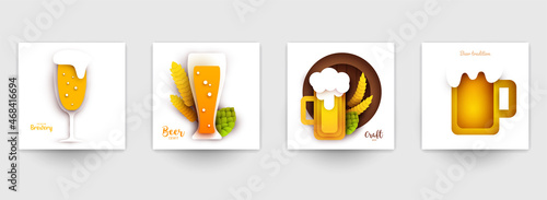 Set background templates for beer banner, flyer, card, poster in modern minimalistic paper cut style. Collection design composition of branding ads, festival, party, identity. Vector illustration.