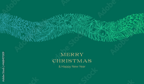 Christmas Greetings Vector Banner Template. Winter Holiday Spruce and Holly Doodle Wavy Stripe Decorative Frame on Green Background. New Year Label or Card Design with Holyday Foliage Band