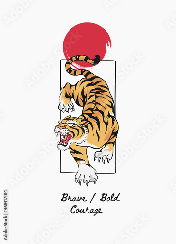 Canvas brave bold courage slogan with tiger in square frame vector illustration