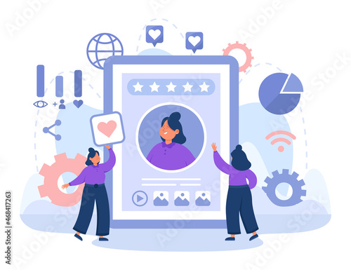 Female brand owner managing online presence. Woman working on personal branding strategy flat vector illustration. Management, internet, marketing concept for banner, website design or landing page