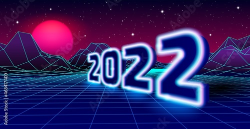 2022 neon sign for 80s styled retro New Years Eve celebration with arcade game grid landscape and purple sun.