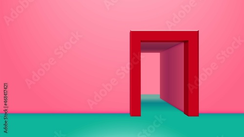 Vibrant pink room with green floor and open doorway with corridor. Abstract architecture background or invitation card backdrop.