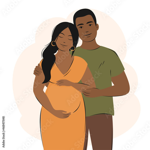 Dark skinned future parents, happy family, child expectation. Vector illustration.
