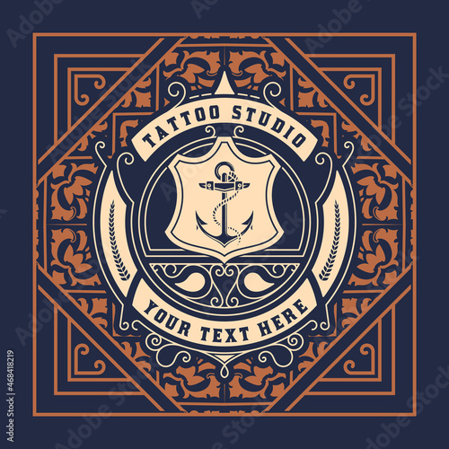 Tattoo logo with vintage ornaments. Layered